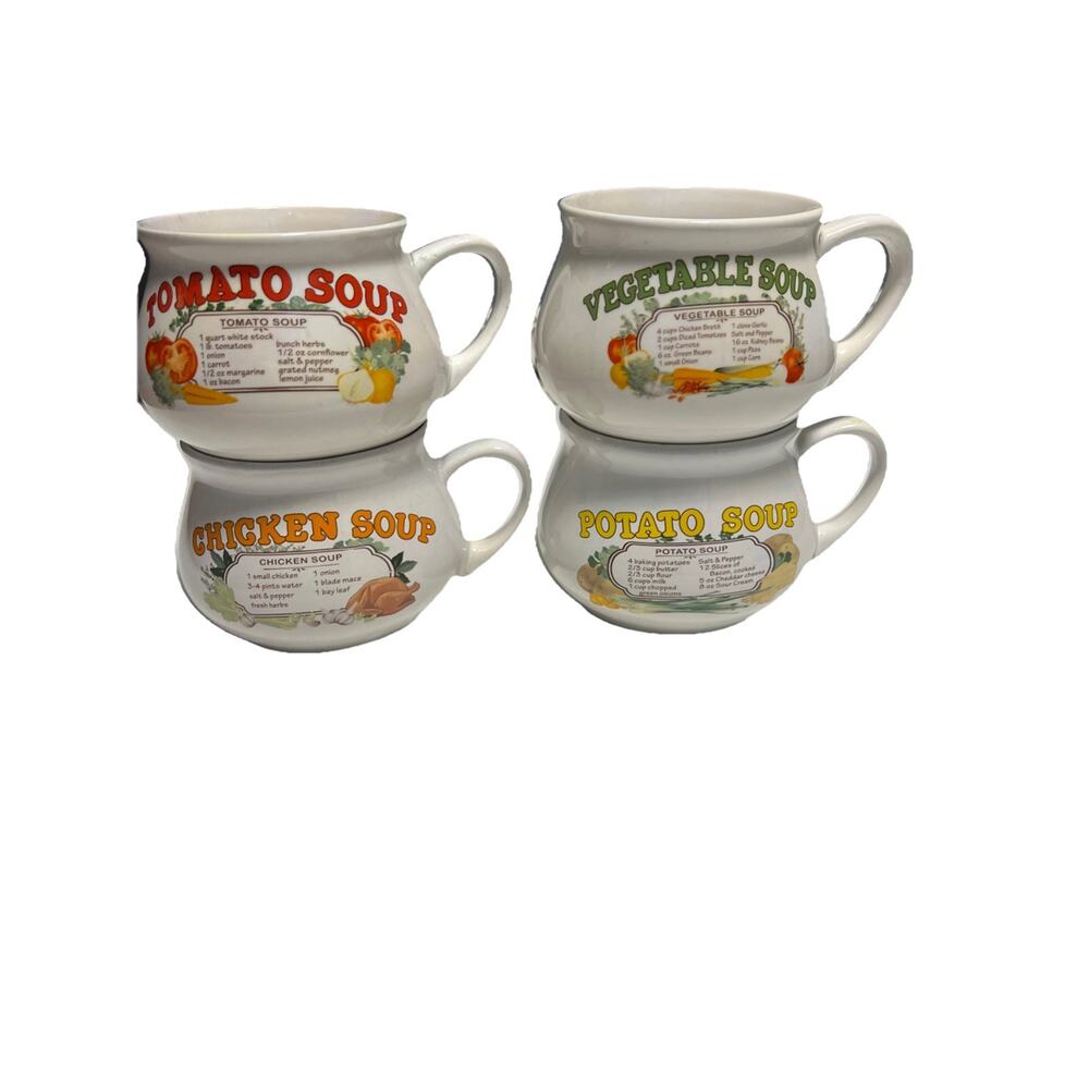 Set 4 Vintage Recipe Soup Mugs Cups Bowls Chicken, Potato, Vegetable and Tomato.